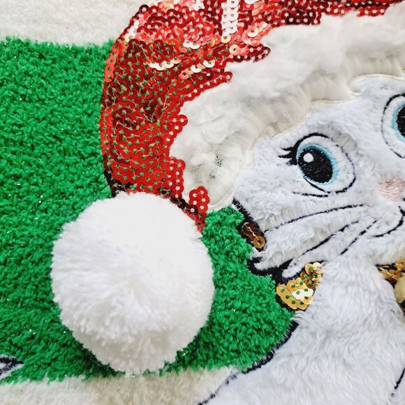 Merry Christmas by Poof Sweater Sz Medium Green White Sparkle Kitty Hat Bell NWT - Picture 14 of 16